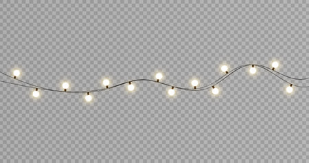 Christmas lights isolated realistic design elements. Glowing lights for Xmas Holiday cards, banners, posters, web design. Garlands decorations. Led neon lampのイラスト素材