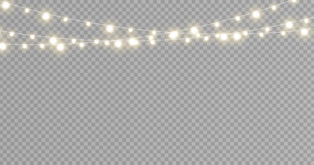 Christmas lights isolated realistic design elements. Glowing lights for Xmas Holiday cards, banners, posters, web design. Garlands decorations. Led neon lampのイラスト素材
