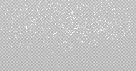 White dots Christmas background. Subtle flying snow flakes and stars on transparent background. Adorable winter silver snowflake overlay template. Awesome vector illustration.のイラスト素材