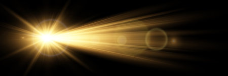 Sunburst with lens flare and bokeh effect on black backgroundのイラスト素材