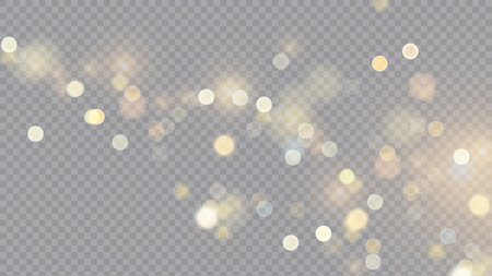 Light effect with bokeh. Yellow sparks and golden stars shine with special light. Vector sparkles on a transparent background. Sparkling magical dust particles.のイラスト素材