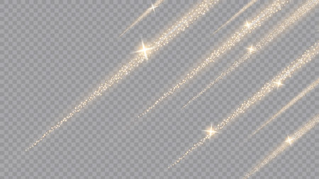 White sparks and golden stars shine with special light. Vector sparkles on a transparent background. Christmas light effect. Sparkling magical dust particles.のイラスト素材