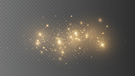 The dust sparks and golden stars shine with special light. Vector sparkles on a transparent background. Christmas light effect. Sparkling magical dust particles.のイラスト素材