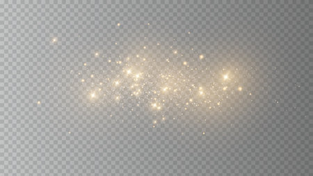 The dust sparks and golden stars shine with special light. Vector sparkles on a transparent background. Christmas light effect. Sparkling magical dust particles.のイラスト素材