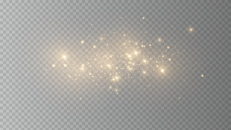 The dust sparks and golden stars shine with special light. Vector sparkles on a transparent background. Christmas light effect. Sparkling magical dust particles.のイラスト素材