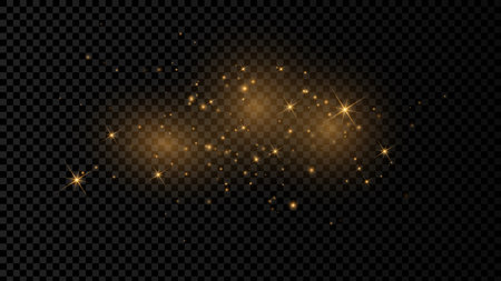 The dust sparks and golden stars shine with special light. Vector sparkles on a transparent background. Christmas light effect. Sparkling magical dust particles.のイラスト素材