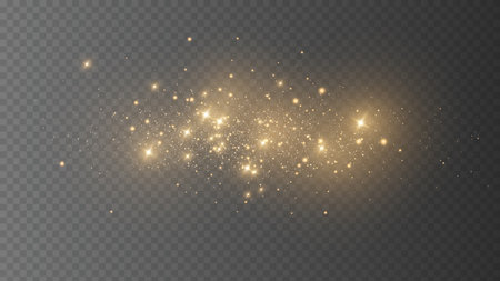 The dust sparks and golden stars shine with special light. Vector sparkles on a transparent background. Christmas light effect. Sparkling magical dust particles.のイラスト素材