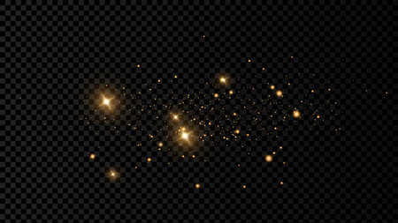 The dust sparks and golden stars shine with special light. Vector sparkles on a transparent background. Christmas light effect. Sparkling magical dust particles.のイラスト素材