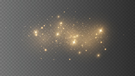The dust sparks and golden stars shine with special light. Vector sparkles on a transparent background. Christmas light effect. Sparkling magical dust particles.のイラスト素材