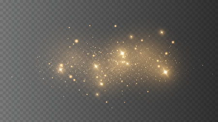 The dust sparks and golden stars shine with special light. Vector sparkles on a transparent background. Christmas light effect. Sparkling magical dust particles.のイラスト素材