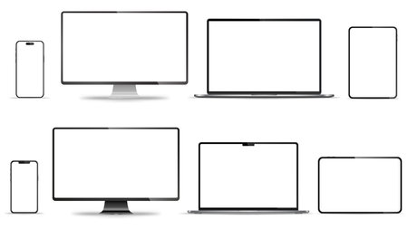 Realistic computer monitor, laptop, mobile phone and tablet isolated on white background. Vector illustration.のイラスト素材