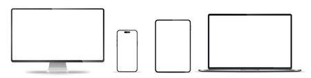 Realistic computer monitor, laptop, mobile phone and tablet pc with blank screen. Vector illustration.のイラスト素材