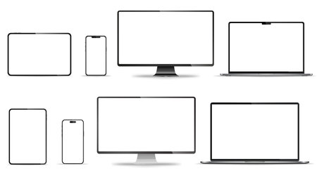 Realistic computer monitor, laptop, tablet, smartphone. Vector illustrationのイラスト素材