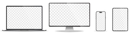 Realistic Detailed 3d Computer Monitor, Tablet PC, Smartphone Mockup. Vectorのイラスト素材