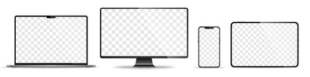 Device screen mockup. Smartphone, tablet, laptop and monoblock monitor, with blank screen for you design. Stock royalty free vector illustration. PNGのイラスト素材