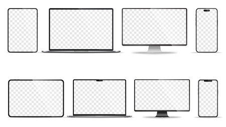 Device screen mockup. Smartphone, tablet, laptop and monoblock monitor, with blank screen for you design. Stock royalty free vector illustration. PNGのイラスト素材