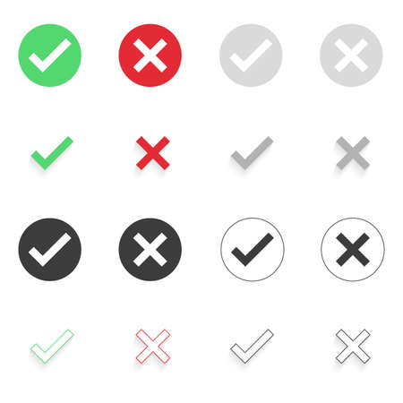 Large set of flat buttons: green check marks and red crosses. Circle and square, hard and rounded corners.のイラスト素材