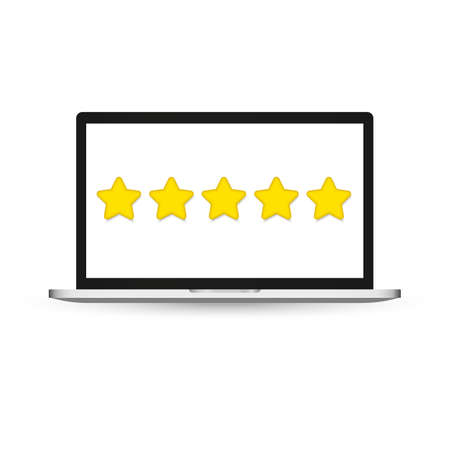 Website with five stars and laptop screen. Concept of customer feedback score, rating, ranking, review, internet site user experience evaluation. Flat vector illustration for poster.のイラスト素材