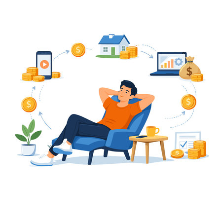 Businessman sitting at home and working on laptop. Vector illustration.のイラスト素材