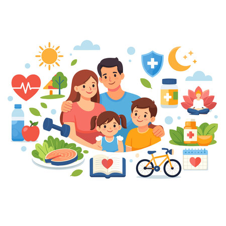 Healthy lifestyle concept with family icons. Vector illustration in flat styleのイラスト素材