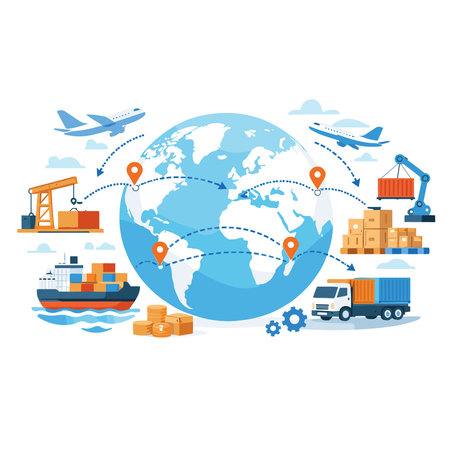 Logistics and transportation of goods around the world. Flat design vector illustration.のイラスト素材