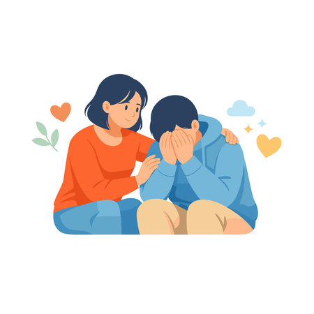 Mother and daughter sitting on the floor, hugging and comforting each other vector Illustrationのイラスト素材