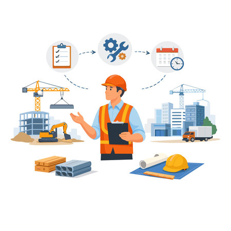 Construction engineer in helmet and overalls. Vector illustration in flat styleのイラスト素材