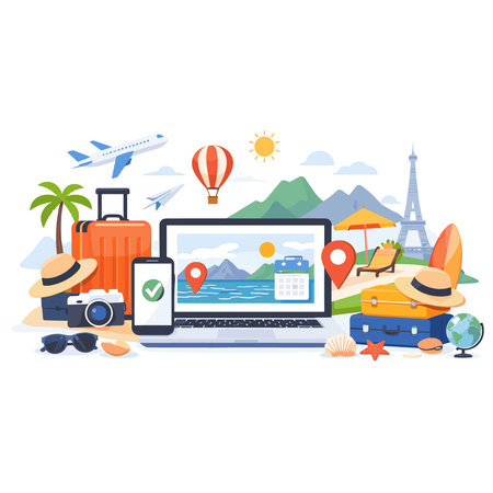 Travel and tourism concept. Laptop with travel icons. Vector illustrationのイラスト素材