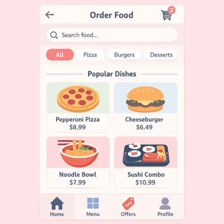 Flat design concept of online food ordering and delivery. Vector illustrationのイラスト素材