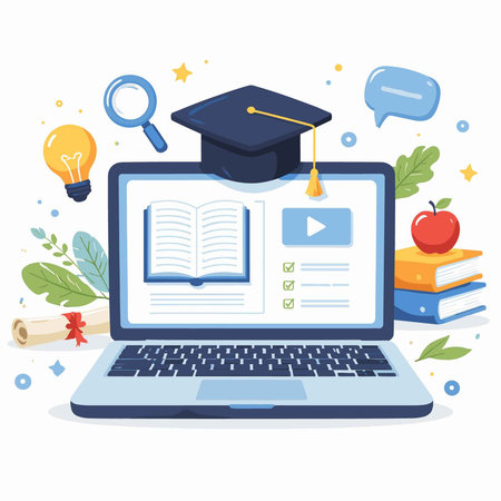Online education concept with laptop, books and graduation cap. Vector illustration.