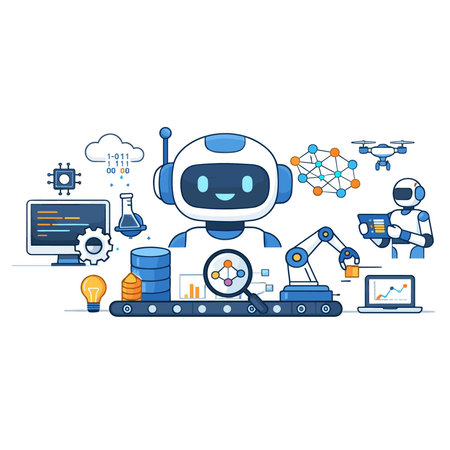 Robot, artificial intelligence, machine learning, big data concept. Vector illustration