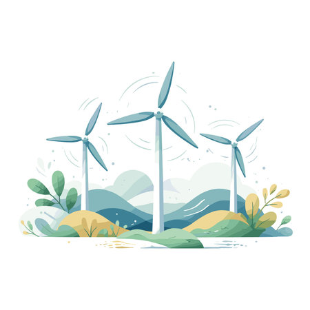 Wind turbines. Renewable energy source. Vector illustration on white background.