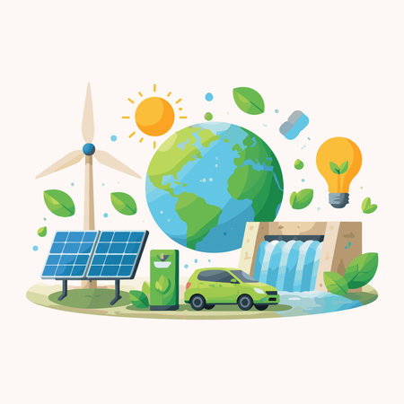Green energy concept with solar panels, wind turbines, solar panels, solar panels and electric car. Vector illustration.のイラスト素材
