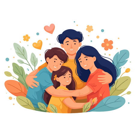 Happy family in love. Mother, father and daughter hugging each other. Vector illustrationのイラスト素材