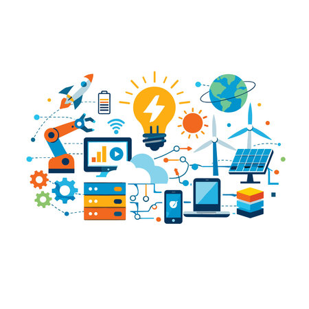 Flat design modern vector illustration concept of renewable energy, solar panels, wind turbines, solar panels, microprocessors, technology icons.のイラスト素材