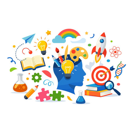Creative concept with human head, brain and education icons. Vector illustration