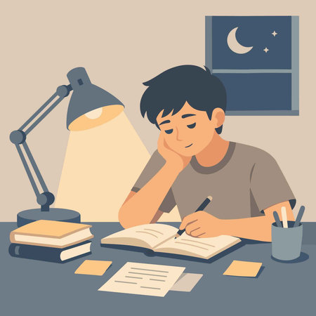 Young man doing homework at home. Vector illustration in flat style.のイラスト素材