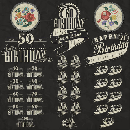 Retro Vintage style Birthday greeting card collection in calligraphic design  Vintage calligraphic and typographic style Happy Birthday hand lettering collection  Vector  Hungarian flowers elements のイラスト素材