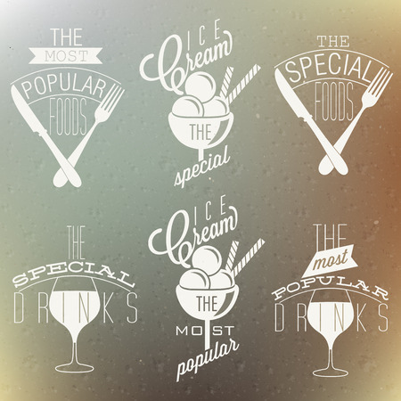 Retro vintage style foods and designs  Set of Calligraphic titles and symbols  Most Popular Drinks  Most Popular Foods  Most Popular Ice Cream  Special Foods  special Drinks  Fast food  Vector のイラスト素材