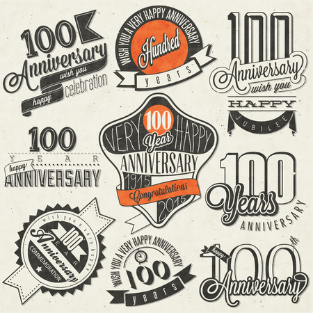 Vintage style One Hundred anniversary collection. Retro Hundred anniversary design. Vintage labels for anniversary greeting. Hand lettering style typographic and calligraphic symbols for Centenaryのイラスト素材