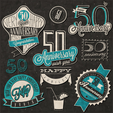 Vintage style 50 anniversary collection. Fifty anniversary design in retro style. Vintage labels for anniversary greeting. Hand lettering style typographic and calligraphic symbols for 50 anniversary.のイラスト素材