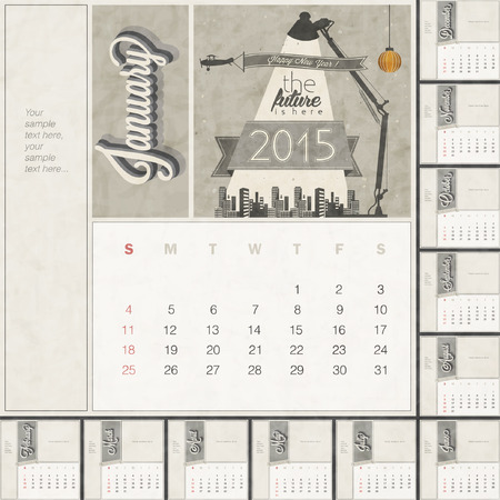 2015 Monthly calendar template with free space for personalized picture and text design. Retro vintage style calendar. Typographic and calligraphic monthly headline. Futuristic cartoon illustrationのイラスト素材