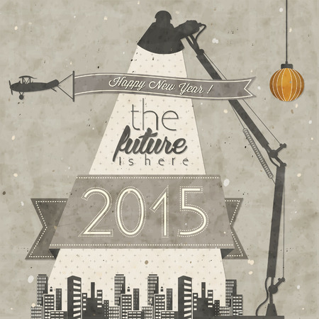 Vintage New Year\'s Eve Card. Retro cartoon style New Year greetings illustration. Vintage Christmas Postcard Illustration. New 2015 year greeting card. Happy new Year 2015. Futuristic illustration.のイラスト素材