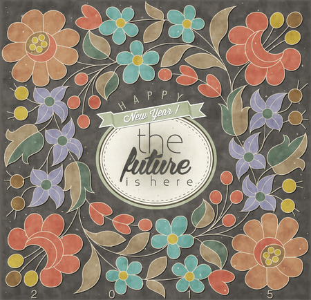 Vintage New Year Eve Card with colorful Flower decoration. Retro New Year greeting card design. Hungarian traditional flowers elements. The future is here! 2015のイラスト素材
