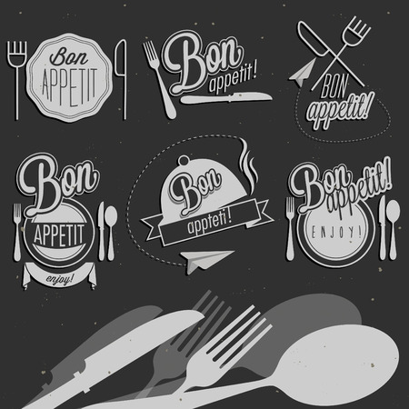 Bon Appetit! Enjoy your meal! Retro vintage style hand drawn typographic symbols for restaurant menu design. Set of Calligraphic titles and symbols. Fast food. Meal lettering collection.のイラスト素材
