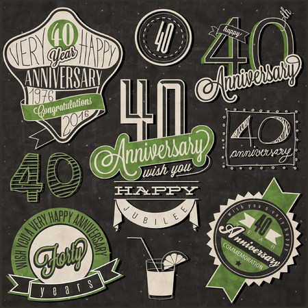 Vintage style 40 anniversary collection. Forty anniversary design in retro style. Vintage labels for anniversary greeting. lettering style typographic and calligraphic symbols for 40 anniversary.のイラスト素材