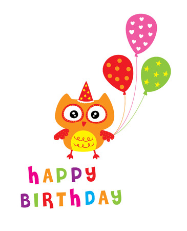 cute owl happy birthday greeting card with balloonのイラスト素材