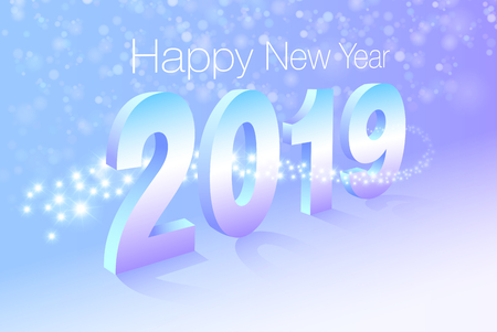Happy New Year 2019 with abstract background and bokeh. Sparkling stars surround the character. Vector EPS fileのイラスト素材