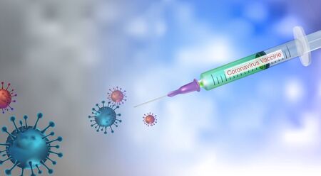Vaccination against coronavirus covid-19, the syringe with the vaccine is about to be injected into the virus. To solve the virus that is spreading around the world.のイラスト素材