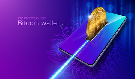 Transfer money from Bitcoin coin wallet to Smartphone securely with advanced technology. It cannot be hacked or stolen with your personal password through the blockchain system.のイラスト素材